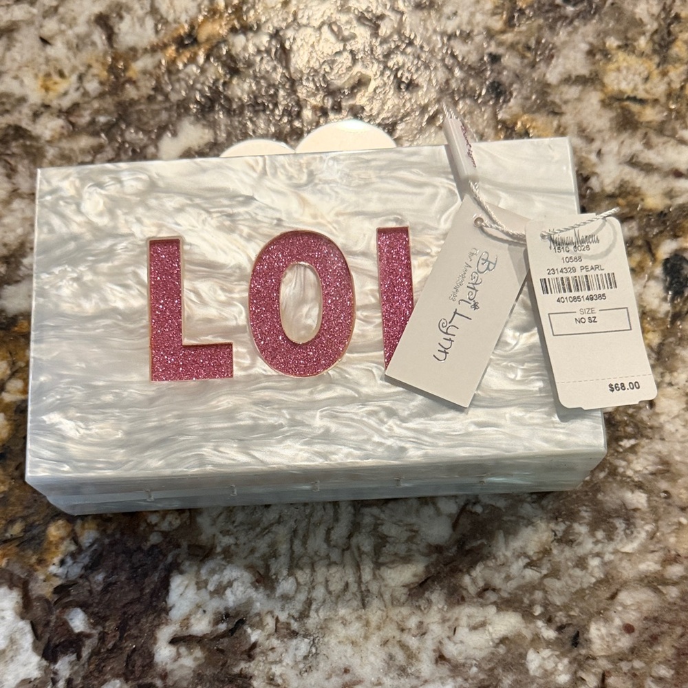 Bari Lynn Nieman Marcus Pink and White Clutch with 'LOL & OMG' Design